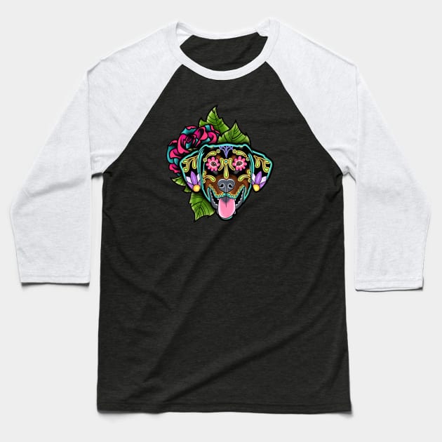 Doberman - Floppy Ear Edition - Day of the Dead Sugar Skull Dog Baseball T-Shirt by prettyinink